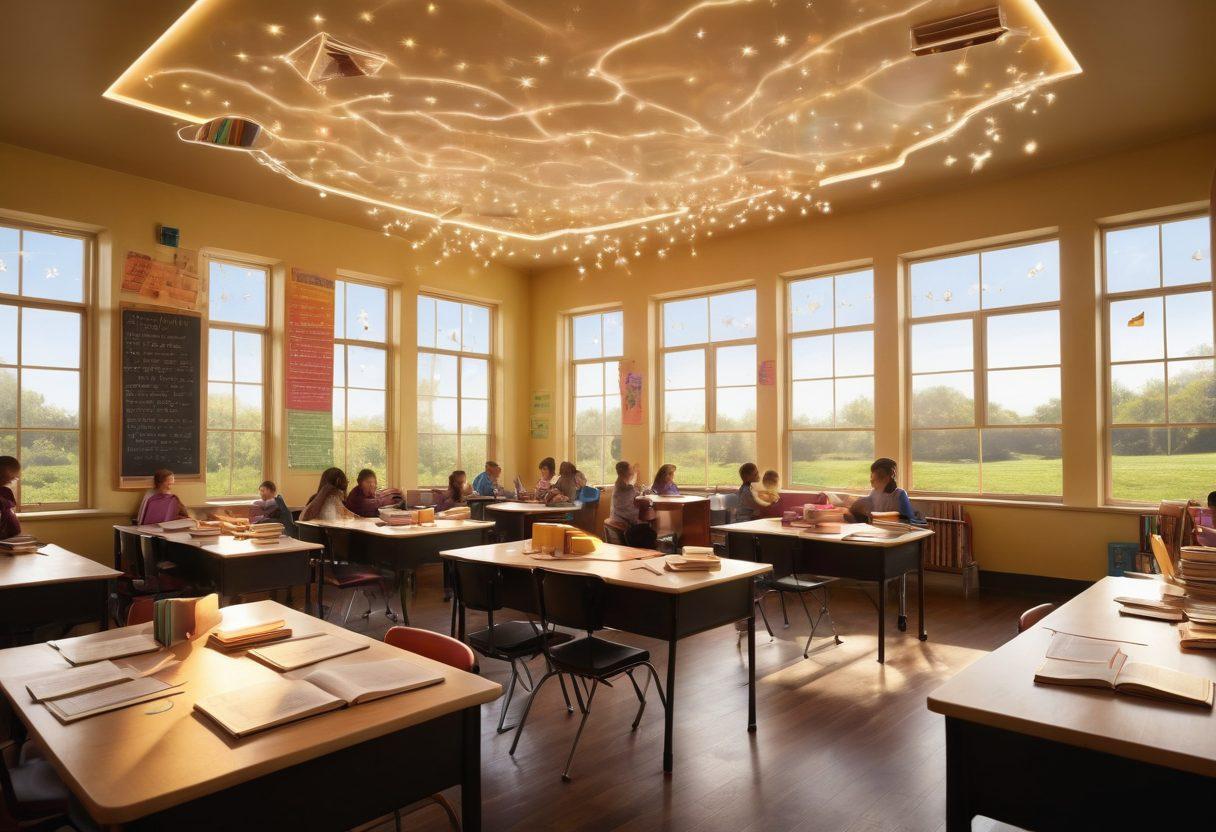 A whimsical classroom filled with floating books, glowing chalkboards, and cheerful students actively engaging in hands-on learning. Magical elements like sparkles and soft light beams emanate from the education materials, symbolizing inspiration and joy in the learning process. The environment should be colorful and inviting, with windows showing a sunny sky outside. vibrant colors. super-realistic.