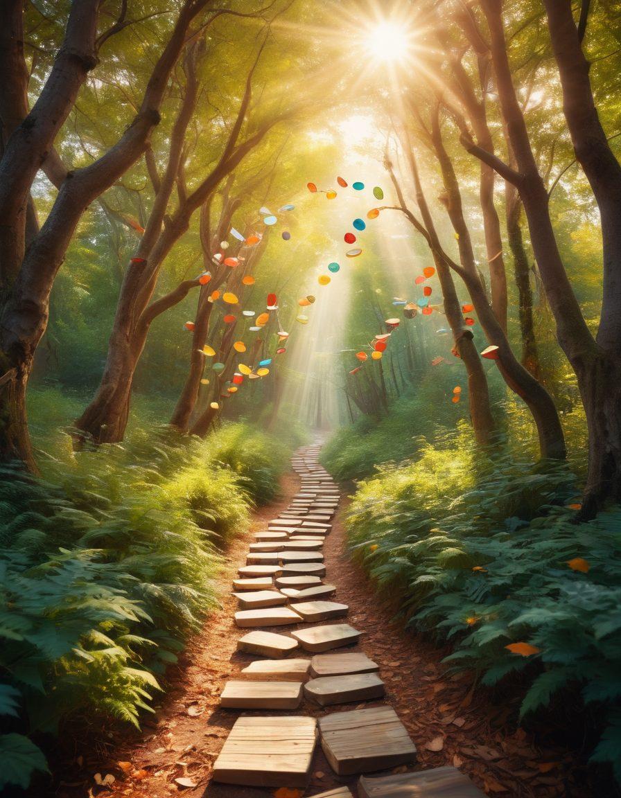 An ethereal pathway winding through a vibrant forest filled with books, with glowing orbs of knowledge hovering above, symbolizing enlightenment. A diverse group of students, joyfully conversing and exchanging ideas, is stepping along this path. Soft sunlight filters through the leaves, creating a magical, uplifting atmosphere. The scene conveys a sense of joy and discovery in learning. dreamy art style. vibrant colors. whimsical elements.