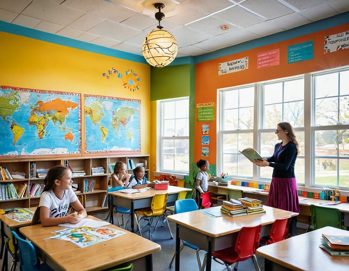 A whimsical classroom filled with colorful books, smiling students engaged in joyful learning activities, and a bright teacher guiding them. Sunlight filters through large windows, illuminating a world map and motivational quotes on the walls. Include elements like educational games, art supplies, and cheerful decorations to create an inviting atmosphere. vibrant colors. bright and cheerful style.
